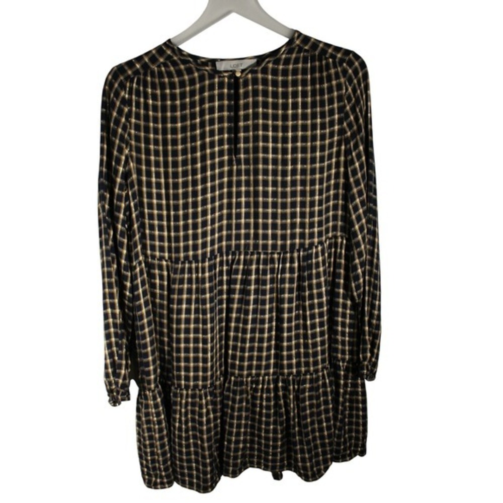 Loft Plaid Metallic Tiered Shift Dress Navy Yellow Gold Long Sleeve Mini Small